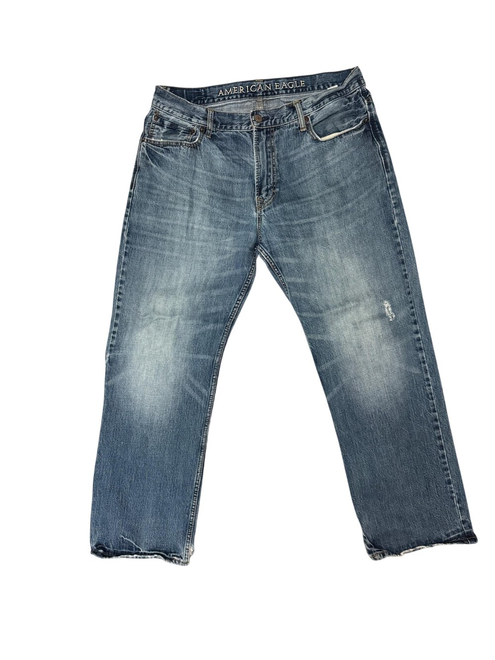 American Eagle Jeans Mens 38x30 Blue bootcut Distressed Denim Frayed cowboy